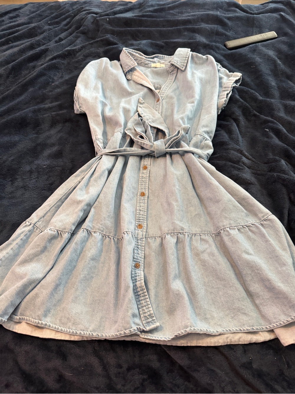 Maurices Light Blue Denim Shirt Dress with Tie Waist